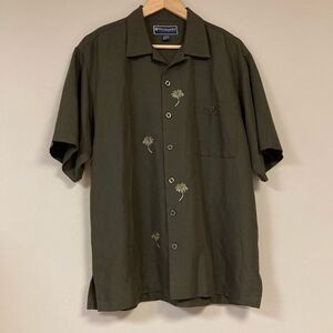 Palm Tree Shirt Men's Medium Olive Green Button Down Beach Resort Summer Top